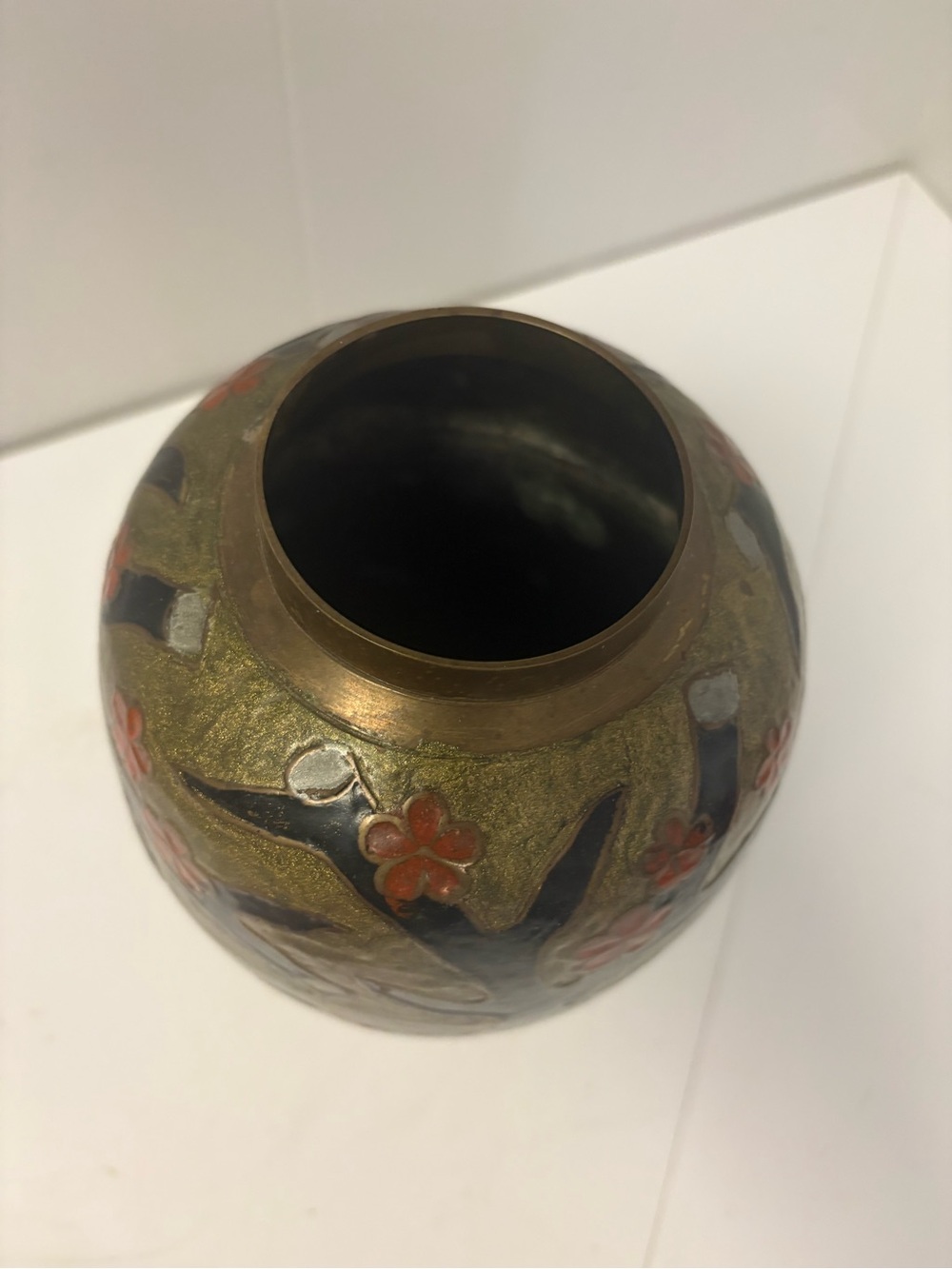 Vintage Heavy Brass Vase with Handpainted Flower Design 9” Tall GVC - Picture 3 of 5